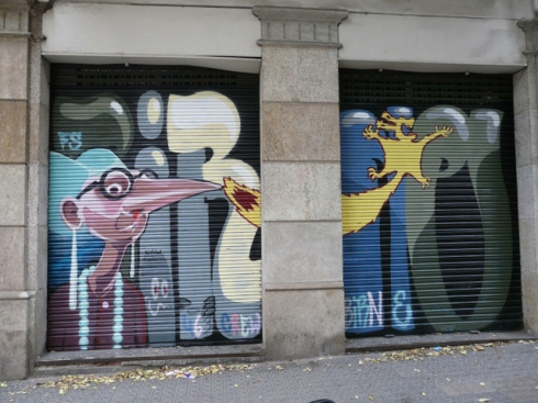 Cartoons and other characters on blinds in Barcelona